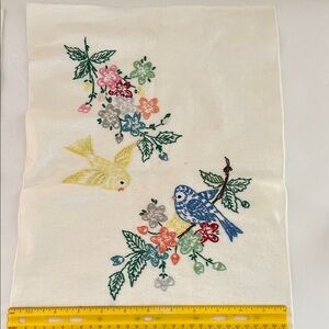 Vintage Completed Needlework Embroidered Floral and Bird Decor